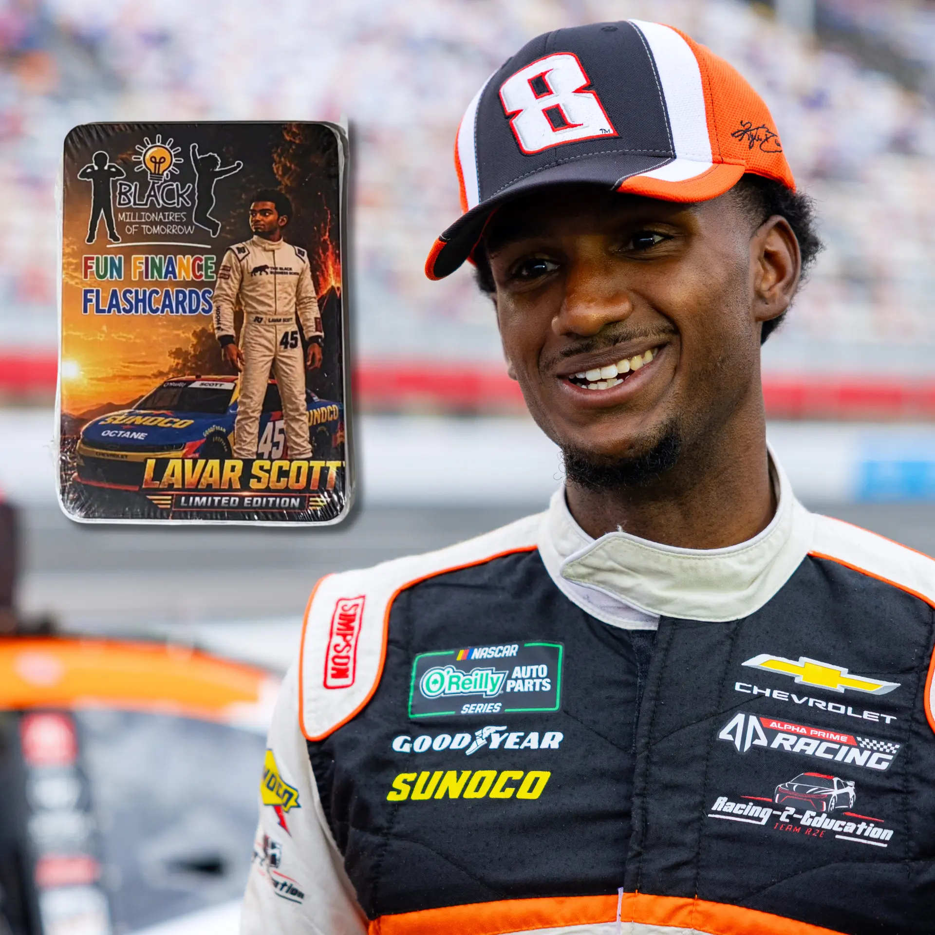 NASCAR driver Lavarr Scott with the Fun Finance Flashcards box