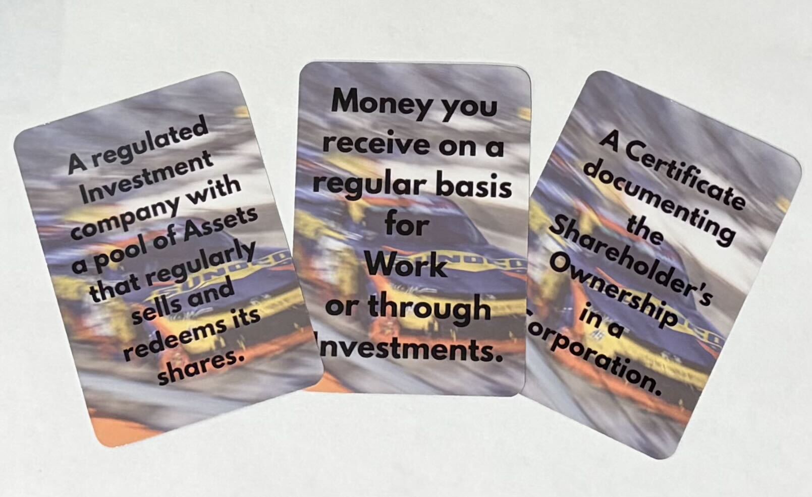 Back of Lavarr Scott Fun Finance Flashcards showing definitions for mutual fund, income, and stock
